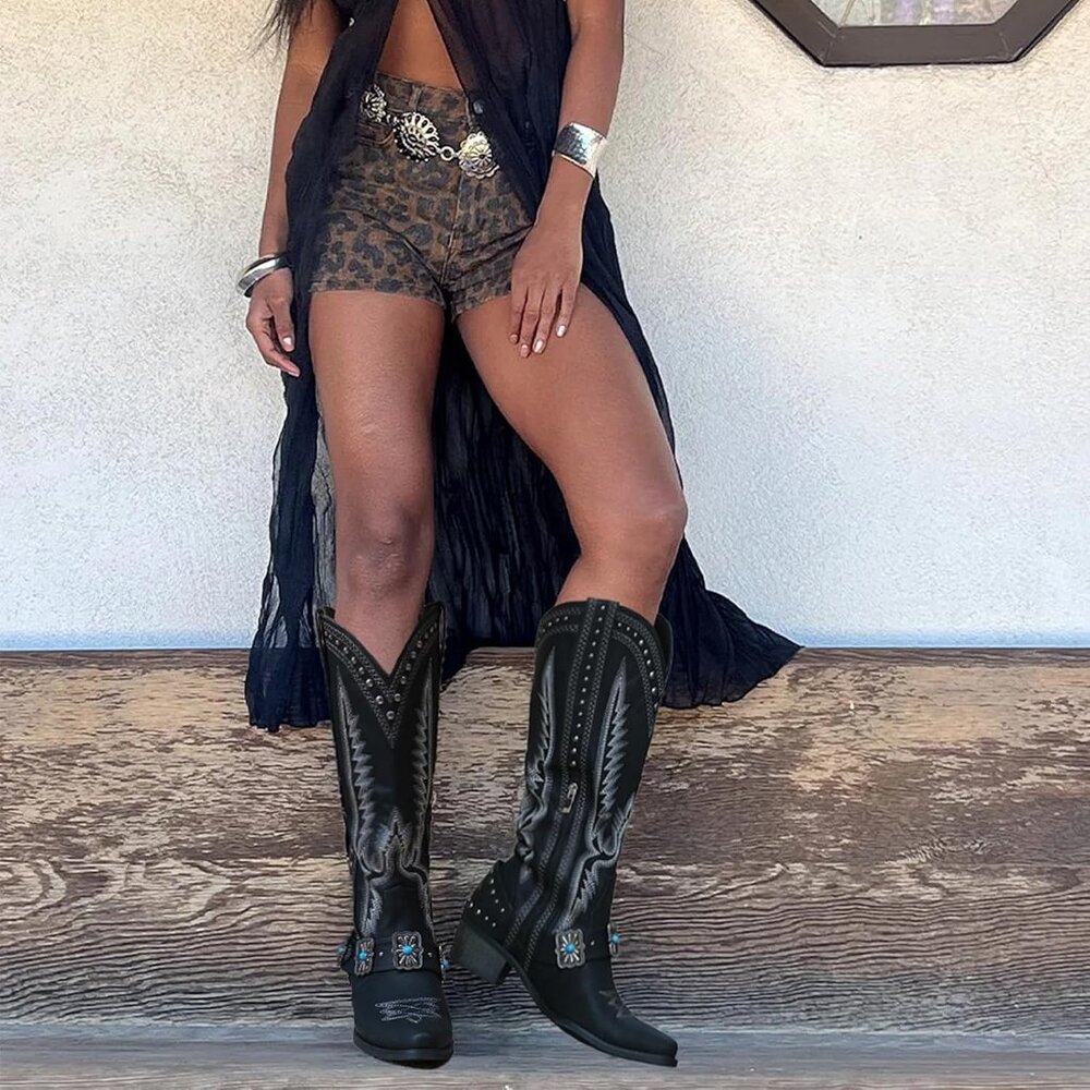 Women's Black Knee High Western Cowgirl Boots with Embroidery Belt Buckle - Picture 3 of 6